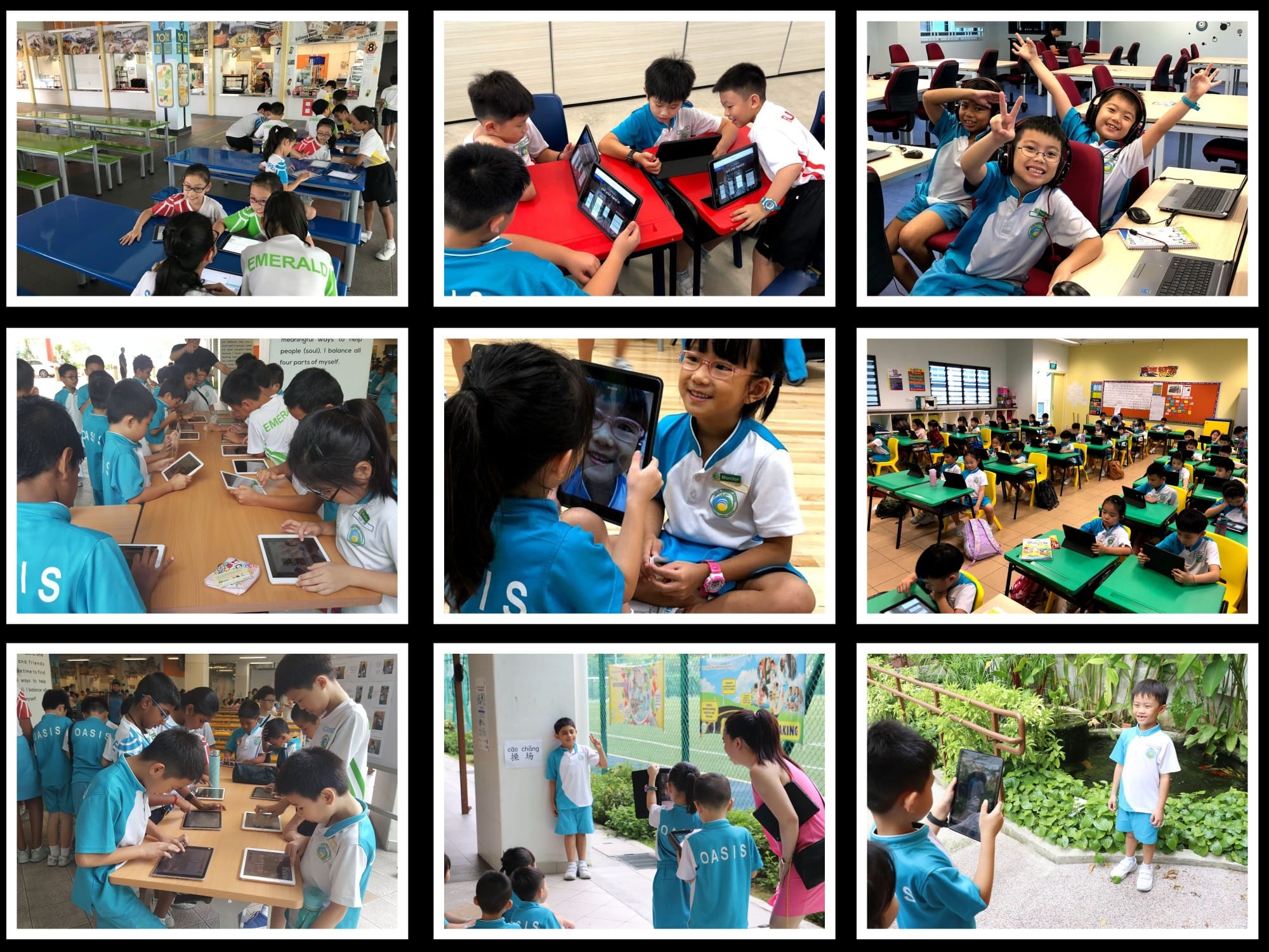 Nine photos of young students in uniforms using tablets and laptops in classrooms and outdoor school settings.